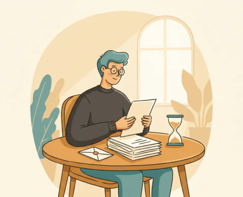 Professional aan houten bureau met stapel facturen, zandloper en envelop in warme kantooromgeving, stijlvolle illustratie.