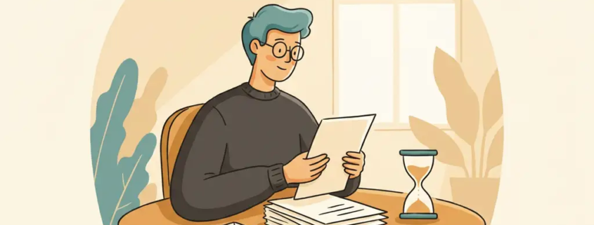 Professional aan houten bureau met stapel facturen, zandloper en envelop in warme kantooromgeving, stijlvolle illustratie.