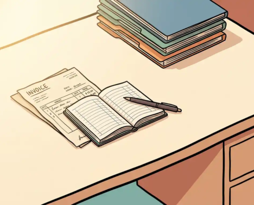 Houten bureau met handgeschreven factuur, opengeslagen kasboek en pen, omgeven door geordende mappen in warm zijlicht.