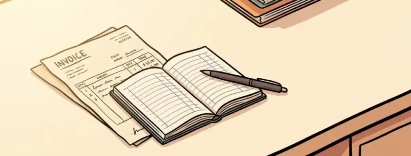 Houten bureau met handgeschreven factuur, opengeslagen kasboek en pen, omgeven door geordende mappen in warm zijlicht.
