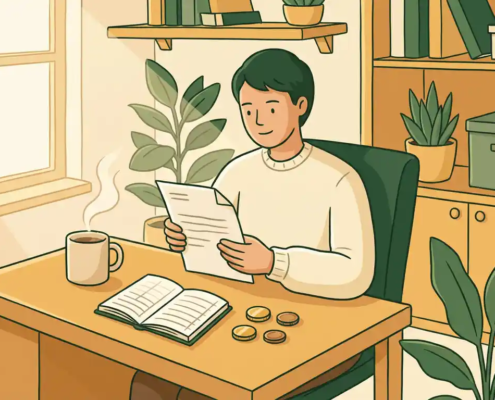 Ondernemer aan houten bureau bekijkt papieren factuur naast open kasboek, euromunten en dampende koffie in warm ochtendlicht.