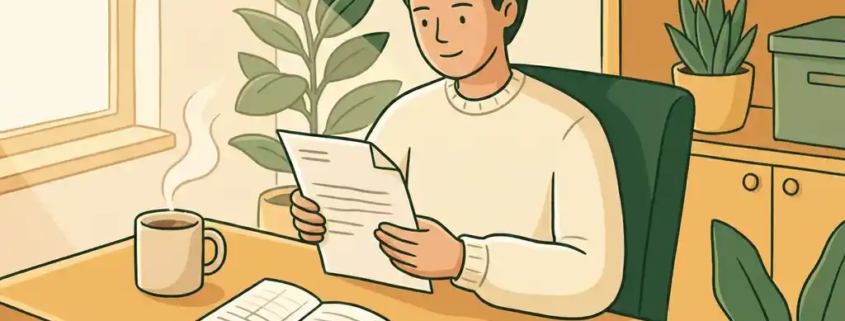 Ondernemer aan houten bureau bekijkt papieren factuur naast open kasboek, euromunten en dampende koffie in warm ochtendlicht.