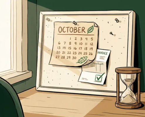 Handgetekende kalender op een kurkbord met een afgetekende factuur, zandloper en zacht natuurlijk licht op een houten bureau.