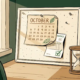 Handgetekende kalender op een kurkbord met een afgetekende factuur, zandloper en zacht natuurlijk licht op een houten bureau.