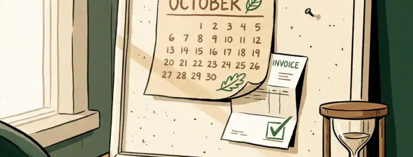 Handgetekende kalender op een kurkbord met een afgetekende factuur, zandloper en zacht natuurlijk licht op een houten bureau.