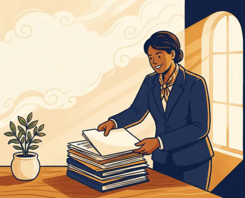Zakenman rondt facturenstack af op houten bureau, groen plantje en warm goudlicht op de achtergrond, illustratie in marineblauw en amber.