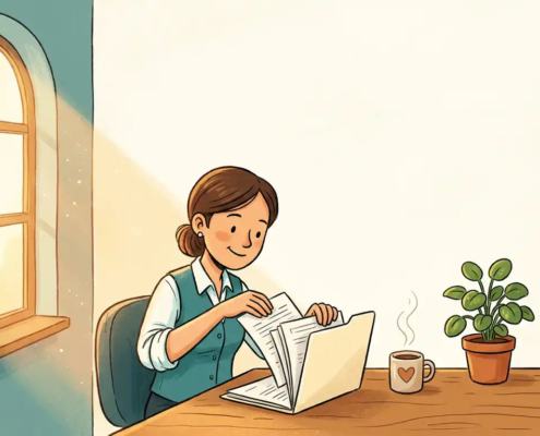 Illustratie van een accountant die facturen ordent in een map op een houten bureau, met een koffiemok en groen plantje in warm licht.
