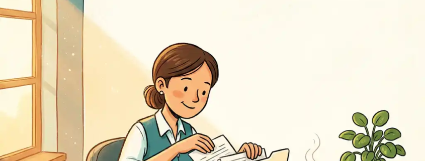 Illustratie van een accountant die facturen ordent in een map op een houten bureau, met een koffiemok en groen plantje in warm licht.