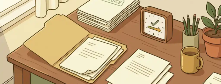 Houten bureau met open map, gestapelde facturen en groene goedkeuringsstempels in een rustige kantooromgeving.