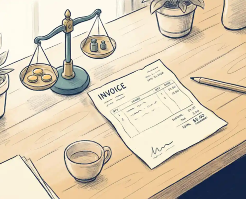 Handgetekende factuur op houten bureau naast een kleine weegschaal met munten, in warme ivoor- en groentinten.