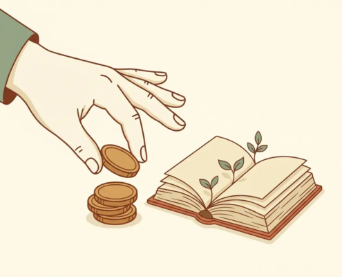 Hand plaatst laatste munt op muntstapel naast opengeslagen grootboek met groene spruiten, symbool voor financiële groei.