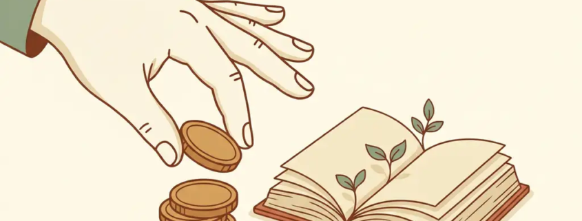 Hand plaatst laatste munt op muntstapel naast opengeslagen grootboek met groene spruiten, symbool voor financiële groei.