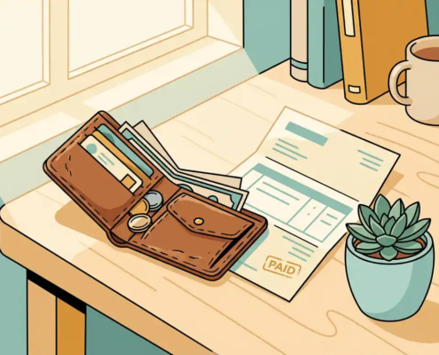 Open leren portemonnee naast een gevouwen factuur en succulent op een houten bureau, warme sfeer voor zelfstandige freelancers.