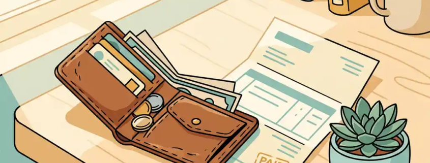 Open leren portemonnee naast een gevouwen factuur en succulent op een houten bureau, warme sfeer voor zelfstandige freelancers.