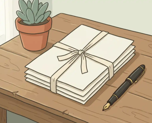 Drie gestapelde documenten gebonden met een lint op een houten bureau, naast een potplant en een vulpen.