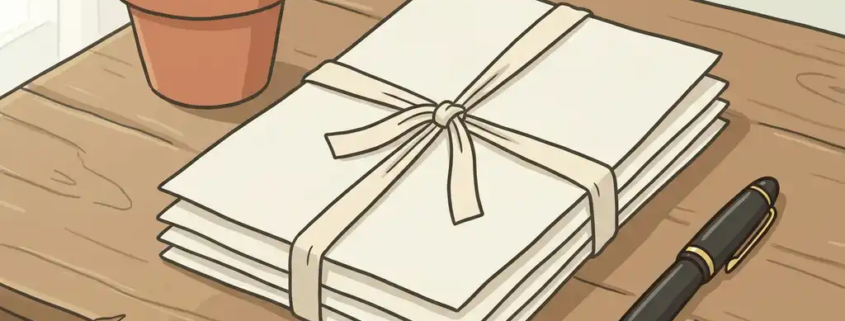 Drie gestapelde documenten gebonden met een lint op een houten bureau, naast een potplant en een vulpen.
