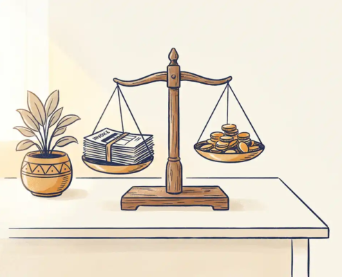 Houten weegschaal met facturen en munten op bureau, potplant ernaast, in marineblauw en amber tinten.