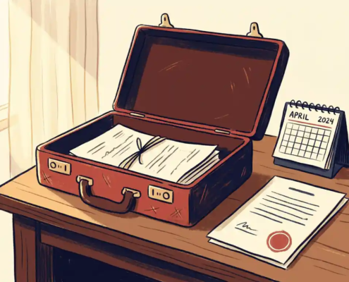 Versleten leren aktetas van een deurwaarder op houten bureau met officieel document, rood stempel en kalender april 2024.