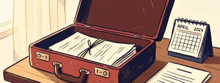 Versleten leren aktetas van een deurwaarder op houten bureau met officieel document, rood stempel en kalender april 2024.