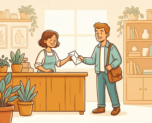 Vriendelijke incassomedewerker overhandigt factuur aan glimlachende ondernemer aan houten balie in warm kantoor.