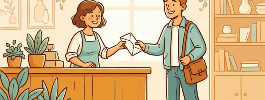 Vriendelijke incassomedewerker overhandigt factuur aan glimlachende ondernemer aan houten balie in warm kantoor.