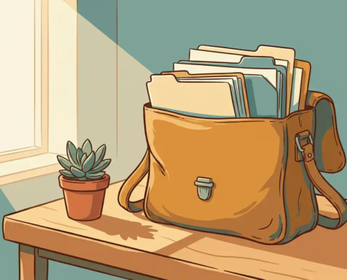 Versleten leren aktetas vol facturen en mappen op houten bureau, naast een kamerplant in zacht ochtendlicht.