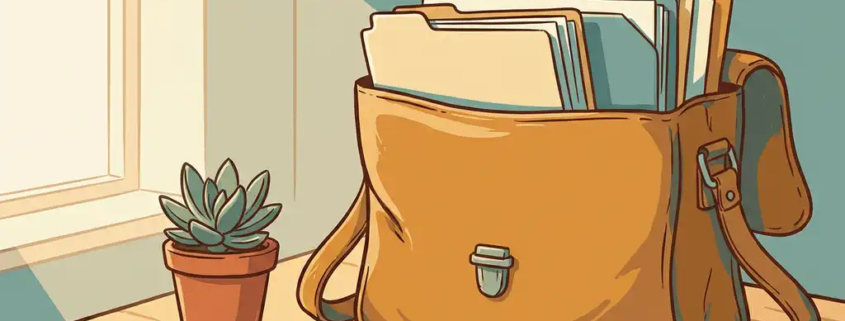 Versleten leren aktetas vol facturen en mappen op houten bureau, naast een kamerplant in zacht ochtendlicht.