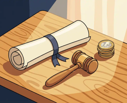Opgerolde Nederlandse juridische document naast een houten hamer en euromunten op een eikenhouten bureau in warm ochtendlicht.