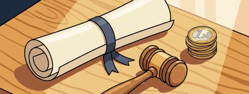 Opgerolde Nederlandse juridische document naast een houten hamer en euromunten op een eikenhouten bureau in warm ochtendlicht.