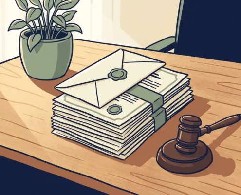 Stapel officiële juridische documenten en enveloppen op houten bureau, naast een kleine rechtershamer en groene plant.