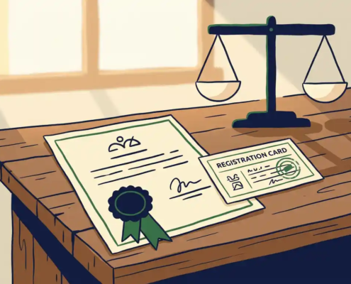 Gecertificeerd document met officieel zegel op houten bureau, registratiekaart ernaast en weegschaal op achtergrond.