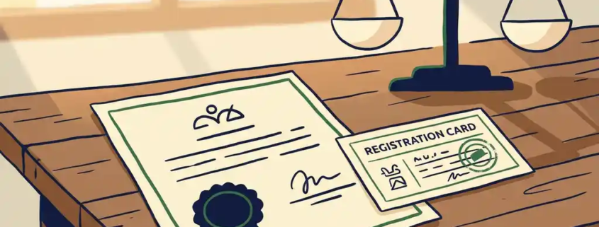 Gecertificeerd document met officieel zegel op houten bureau, registratiekaart ernaast en weegschaal op achtergrond.
