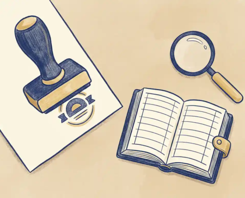 Officieel stempel op document naast open grootboek en vergrootglas, vlakke illustratie in marineblauw, goud en crème tinten.