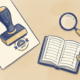 Officieel stempel op document naast open grootboek en vergrootglas, vlakke illustratie in marineblauw, goud en crème tinten.
