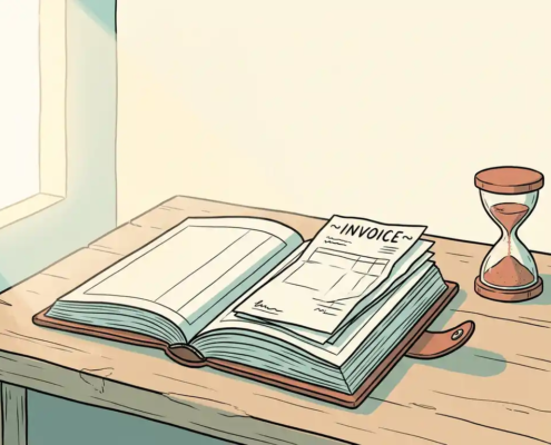 Open grootboek met onbetaalde facturen en zandloper op houten bureau, zachte crème- en teakleuren, illustratieve stijl.