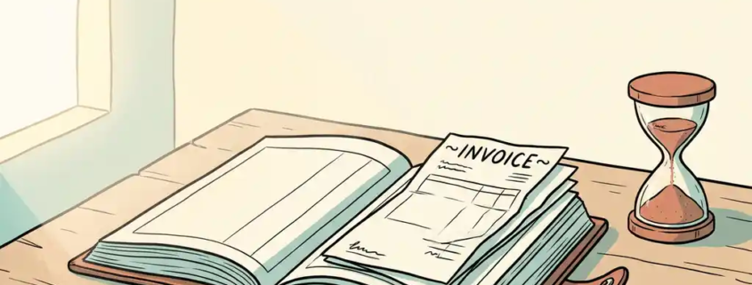 Open grootboek met onbetaalde facturen en zandloper op houten bureau, zachte crème- en teakleuren, illustratieve stijl.