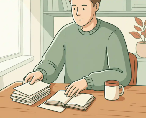 Ondernemer aan houten bureau met georganiseerde facturen, openstaand kasboek en kop koffie in zacht daglicht.