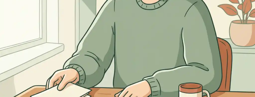 Ondernemer aan houten bureau met georganiseerde facturen, openstaand kasboek en kop koffie in zacht daglicht.