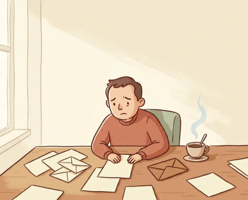 Kleine ondernemer aan houten bureau omringd door onbetaalde facturen en een ongeopende envelop naast een koud kopje koffie.
