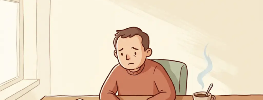 Kleine ondernemer aan houten bureau omringd door onbetaalde facturen en een ongeopende envelop naast een koud kopje koffie.