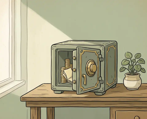 Ouderwetse ijzeren kluis op houten bureau met deur op een kier, gevuld met munten en documenten, naast een kleine kamerplant.
