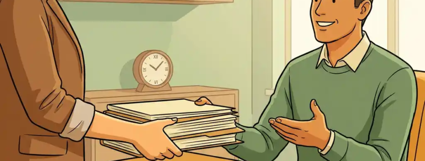 Ondernemer overhandigt stapel facturen en mappen aan professional aan houten bureau in rustig kantoor met warme groene en amber tinten.