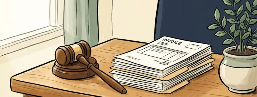 Houten rechtershamer op eikenhouten bureau naast geordende facturen en een groen potplantje in warm natuurlijk daglicht.