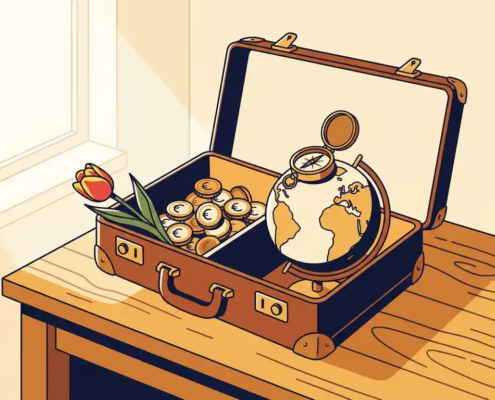Opengeslagen leren aktetas op houten bureau met Nederlandse euromunten, tulp, wereldbol en kompas in warm licht.