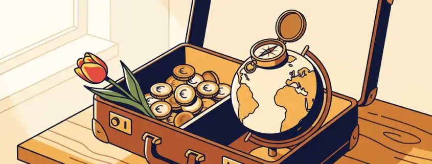 Opengeslagen leren aktetas op houten bureau met Nederlandse euromunten, tulp, wereldbol en kompas in warm licht.