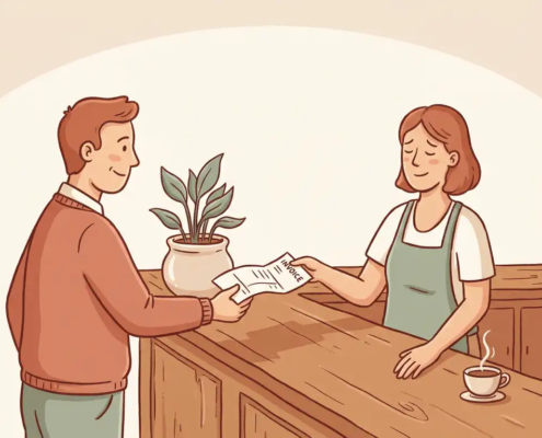 Incassobureaumedewerker overhandigt factuur aan opgeluchte ondernemer aan houten balie met plant en koffiekop.