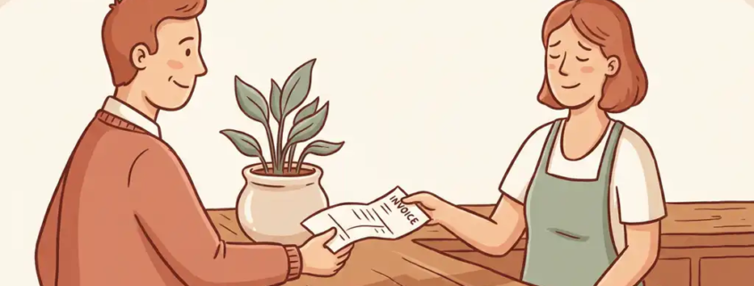 Incassobureaumedewerker overhandigt factuur aan opgeluchte ondernemer aan houten balie met plant en koffiekop.