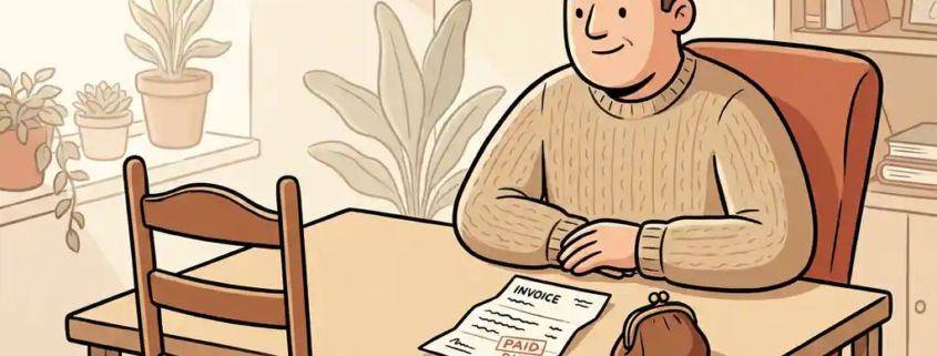 Incassospecialist aan houten tafel met onbetaalde factuur en muntbeurs, wacht op schuldenaar in warm ingericht kantoor.