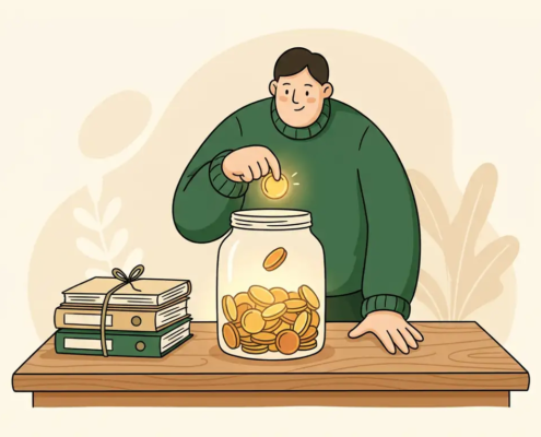 Illustratie van een figuur dat een gouden munt in een gevulde glazen spaarpot plaatst op een houten bureau met mappen.