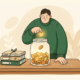Illustratie van een figuur dat een gouden munt in een gevulde glazen spaarpot plaatst op een houten bureau met mappen.